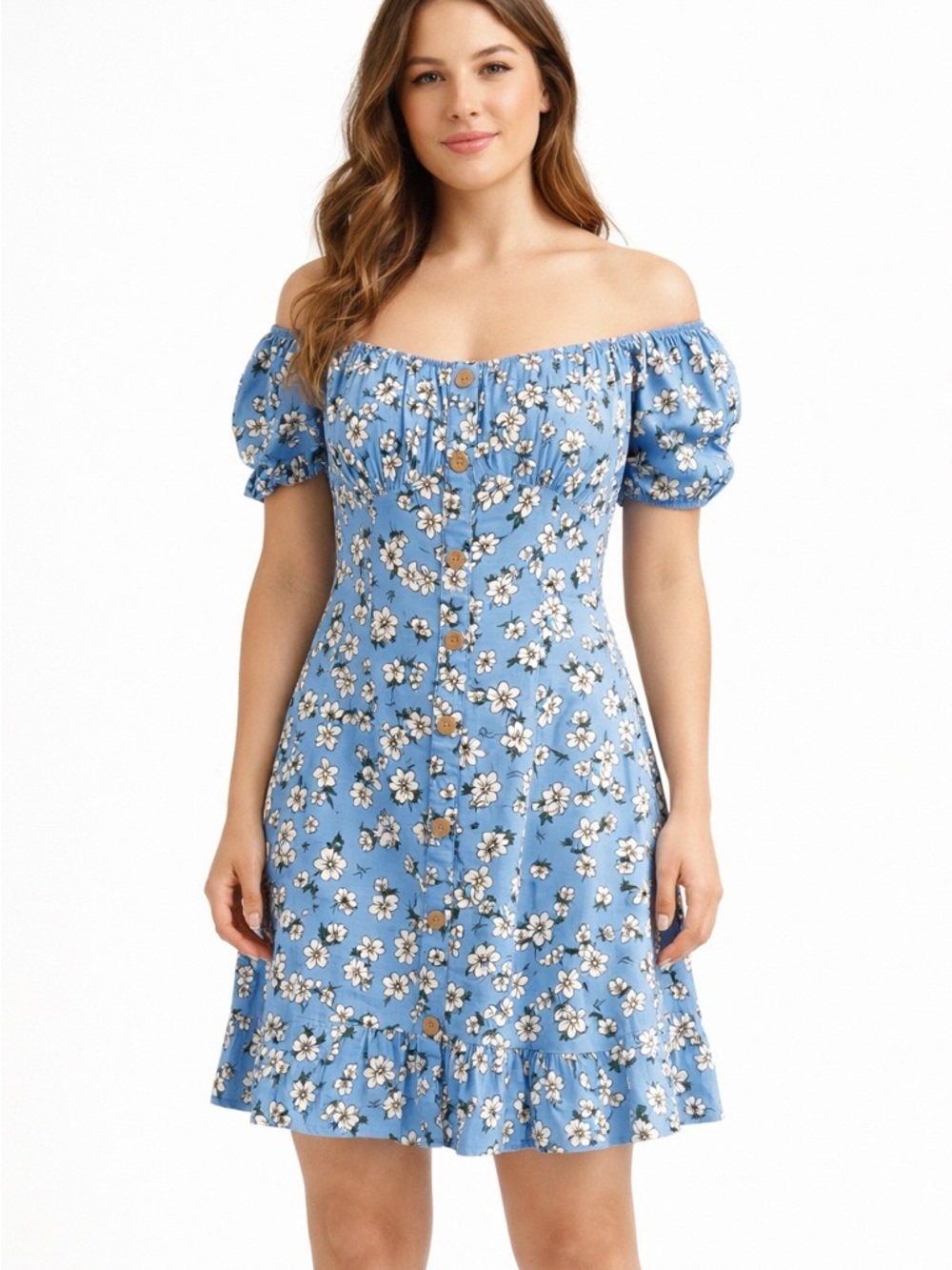 Ardene Light Blue Floral Button-Front Dress Size Small of the Shoulder